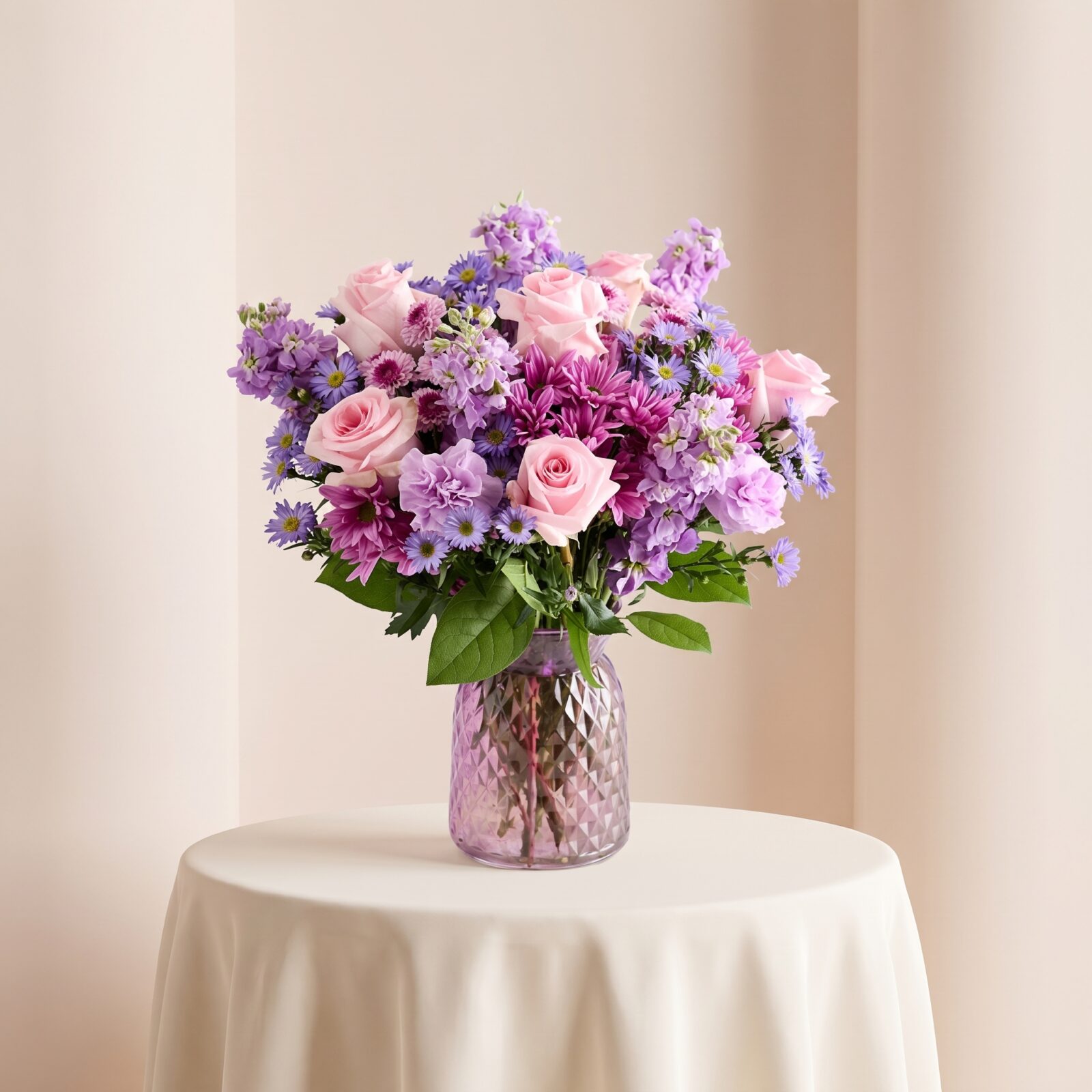 Pink roses and purple stock bouquet in glass vase, NYC anniversary flowers